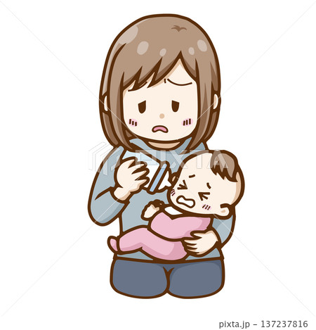 泣き止まない赤ちゃんを抱き哺乳瓶を持って疲労困憊の母親のイラスト（育児ストレス・産後うつ） 137237816