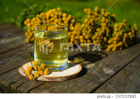 Glass with healthy medicine tansy tea in wooden tray close up. Healthy herbal tansy tea has choleretic and antispasmodic effect. Glass with healthy medicine tansy tea in wooden tray close up. Healthy herbal tansy tea has choleretic and antispasmodic effect. 137237885