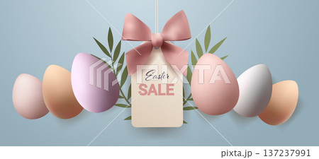 Easter eggs pastel colors gift tag ribbon bow leaves blue background decorative banner Easter eggs pastel colors gift tag ribbon bow leaves blue background decorative banner 137237991