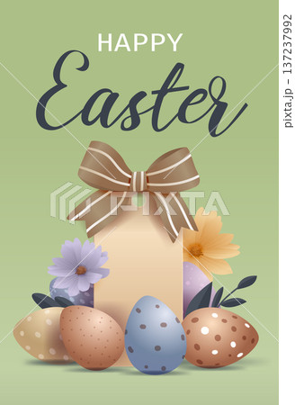 Easter eggs pastel flowers gift tag brown bow green background holiday decoration greeting card template 137237992