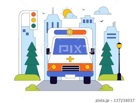 Emergency Ambulance Vehicle Vector Illustration Featuring Response To An Accident Scene With Paramedics And Flashing Siren Lights Background 137238037