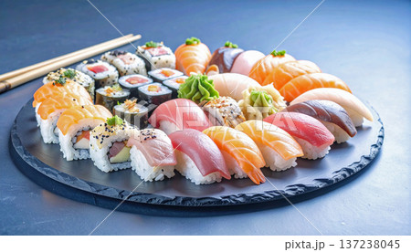 Luxury Sushi Set on Round Slate Plate Luxury Sushi Set on Round Slate Plate 137238045