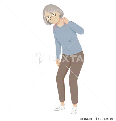 首の痛みや肩こりに悩むシニア女性のイラスト 137238046