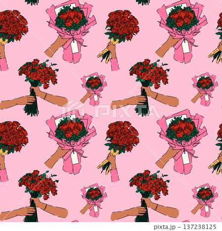 Red Rose Bouquet Seamless Pattern on Pink Background 137238125