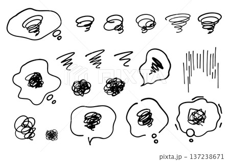 もやもや、ぐるぐる、悩み、困惑、苛立ち、落ち込みを表すマークと吹き出しのアイコン。 もやもや、ぐるぐる、悩み、困惑、苛立ち、落ち込みを表すマークと吹き出しのアイコン。 137238671