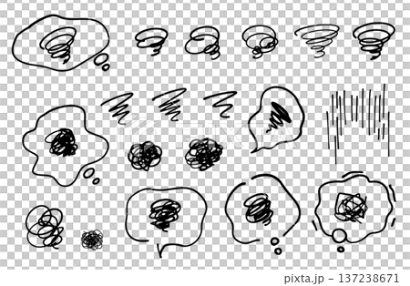 Marks and speech bubble icons representing confusion, worry, bewilderment, irritation, and depression. 137238671