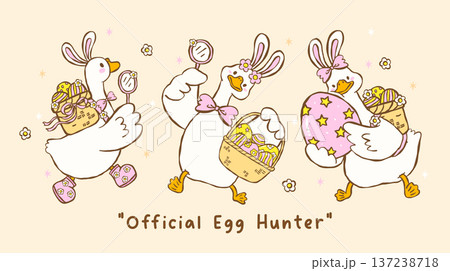 Cute pastel silly easter goose bunny ear carrying egg basket cartoon cottage spring hand drawn set Cute pastel silly easter goose bunny ear carrying egg basket cartoon cottage spring hand drawn set 137238718
