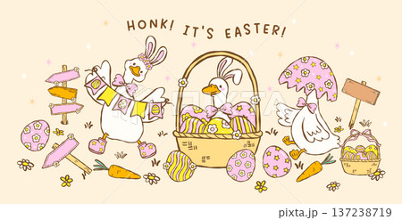 Cute pastel silly easter goose bunny ear celebrating with eggs cartoon cottage spring hand drawn set 137238719