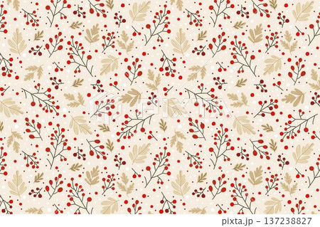 Seamless pattern with red berries, beige oak leaves and twigs, hand drawn vector, soft beige background. Perfect for Christmas, winter textiles, wrapping paper, greeting cards and decor 137238827