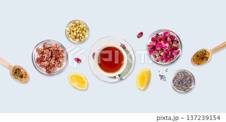 Herbal Tea Composition With Dried Flowers, Lemon Slices And Natural Ingredients Herbal Tea Composition With Dried Flowers, Lemon Slices And Natural Ingredients 137239154