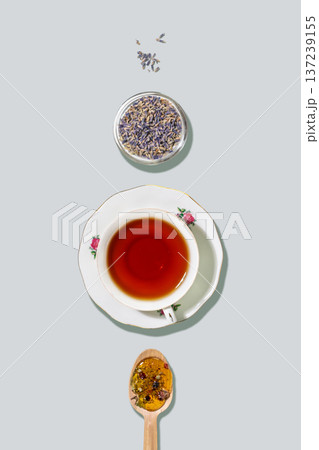 Herbal Tea Cup With Dried Lavender And Honey Spoon 137239155