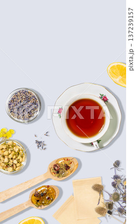 Herbal Tea Arrangement With Dried Flowers, Lemon Slice And Natural Ingredients 137239157