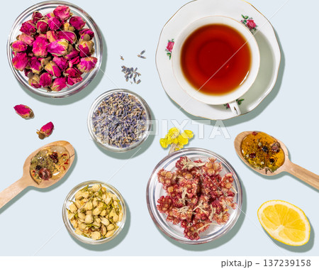 Herbal Tea Composition With Dried Flowers, Rosebuds, Lemon And Natural Ingredients 137239158
