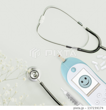 Diabetes Care Composition With Glucose Meter Smiling Screen And Stethoscope 137239174
