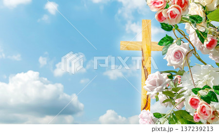 Wooden Religion Cross With Blooming Flowers Against Blue Sky With Soft Clouds 137239213
