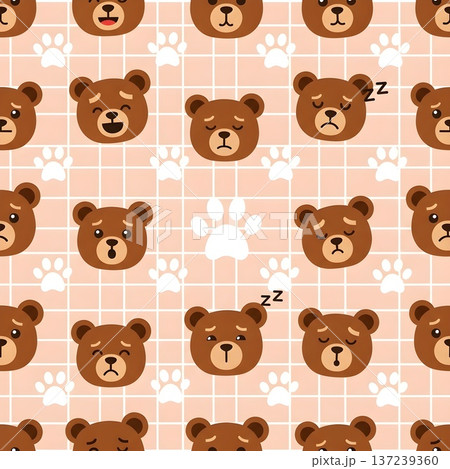 Adorable Bear Faces Paw Prints Grid Background Pattern 137239360