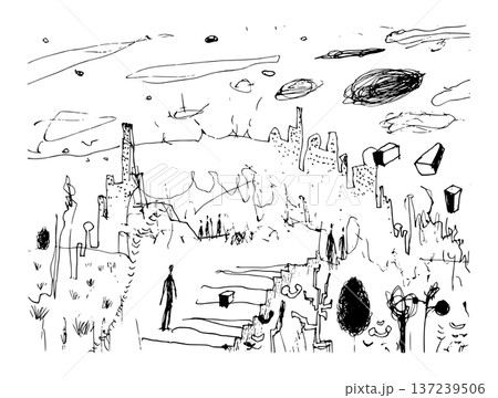 【背景透過】未来都市の風景のモノクロ線画 137239506