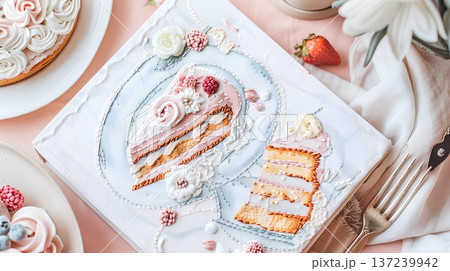 embroidery pattern book with beautifully embroidered food, such as cake and ice cream, on the pages of an open white fabric cloth in pastel colors. 137239942
