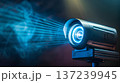 front view of a projector projecting a light beam on a dark background. the projector is on the right side, and the beam of light appears from it 137239945