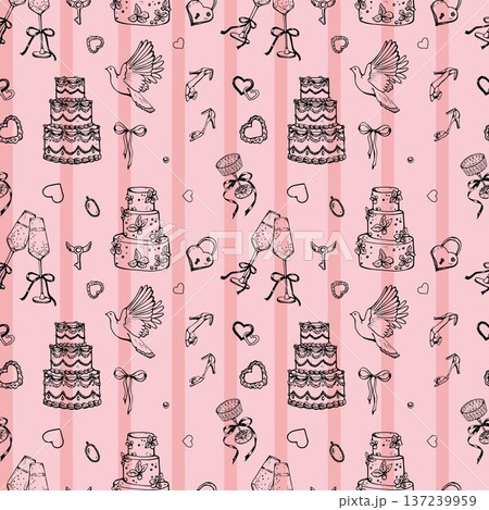 Whimsy Wedding and Romantic pattern with coquet cake, champagne and hearts Whimsy Wedding and Romantic pattern with coquet cake, champagne and hearts 137239959