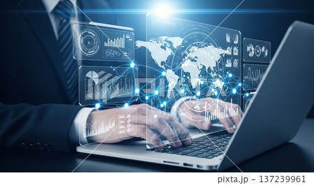 携帯型計算機と世界地図表示の金融データ分析未来技術概念 携帯型計算機と世界地図表示の金融データ分析未来技術概念 137239961