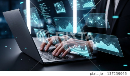 携帯型計算機と世界地図表示の金融データ分析未来技術概念 137239966