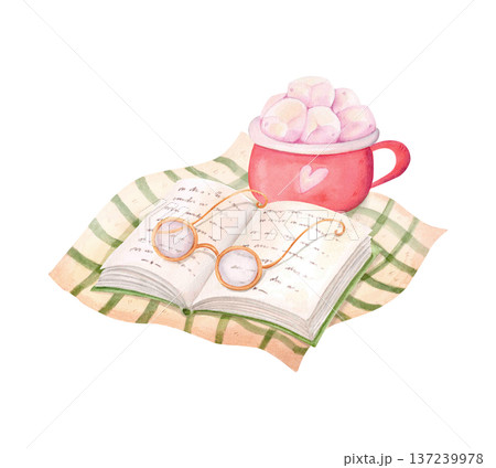 Watercolor reading scene with open book, glasses and pink cocoa mug with marshmallows on plaid blanket. Cozy hygge clipart. Watercolor reading scene with open book, glasses and pink cocoa mug with marshmallows on plaid blanket. Cozy hygge clipart. 137239978