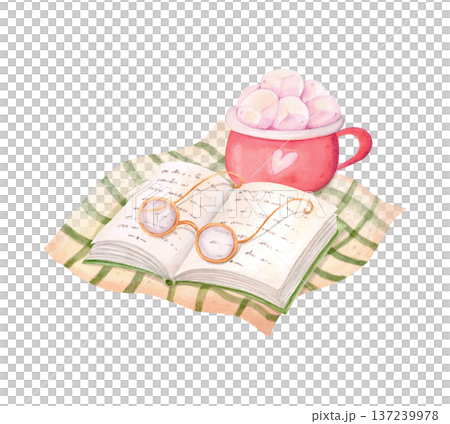 Watercolor reading scene with open book, glasses and pink cocoa mug with marshmallows on plaid blanket. Cozy hygge clipart. Watercolor reading scene with open book, glasses and pink cocoa mug with marshmallows on plaid blanket. Cozy hygge clipart. 137239978