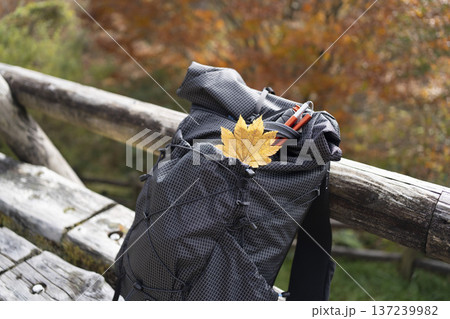 秋の登山道で休憩中の軽量バックパック　UL（ウルトラライト）スタイル 137239982