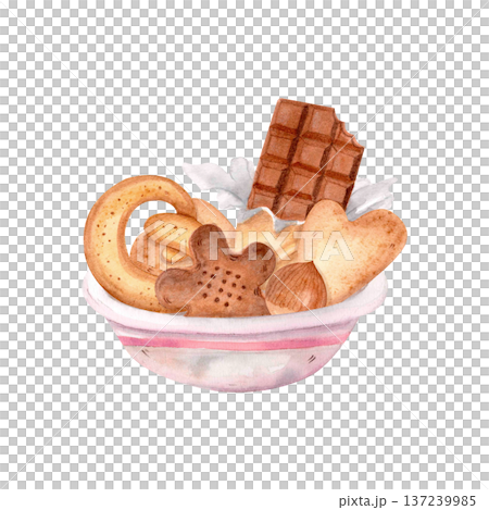Watercolor vintage dessert vase with cookies, chocolate and nuts isolated on white. Cozy food illustration for bakery branding. 137239985
