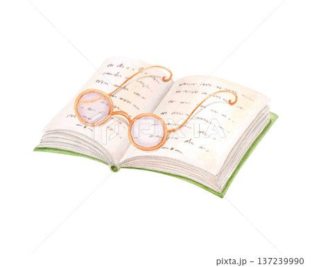 Watercolor reading composition with open book and vintage glasses. Cozy hygge clipart for library branding and education design. Watercolor reading composition with open book and vintage glasses. Cozy hygge clipart for library branding and education design. 137239990
