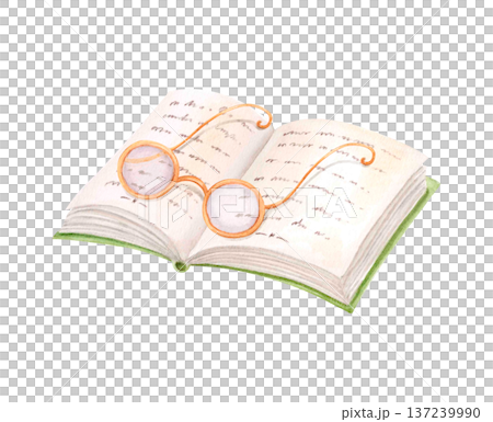 Watercolor reading composition with open book and vintage glasses. Cozy hygge clipart for library branding and education design. Watercolor reading composition with open book and vintage glasses. Cozy hygge clipart for library branding and education design. 137239990