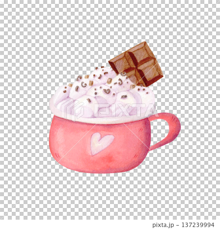 Watercolor cozy pink mug with cocoa, marshmallows and chocolate isolated on white. Winter warm drink clipart in cute sketch style Watercolor cozy pink mug with cocoa, marshmallows and chocolate isolated on white. Winter warm drink clipart in cute sketch style 137239994