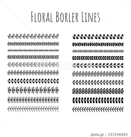 Hand Drawn Floral Border Line Set, Botanical Leaf Berry Branch Divider Strip, Outline and Solid Glyph Style, Nature Vine Wedding Decoration Element, Vector Illustration Isolated on White Background 137240265