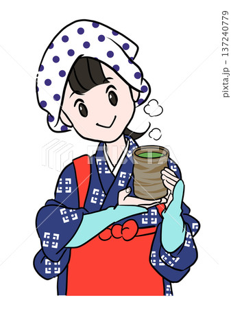 笑顔でほかほかのおいしいお茶をさしだす早乙女姿の女性 137240779