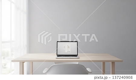 木製デスク上の携帯型計算機と業務資料表示画面の室内風景 木製デスク上の携帯型計算機と業務資料表示画面の室内風景 137240908