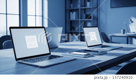 木製デスク上の携帯型計算機と業務資料表示画面の室内風景 137240910