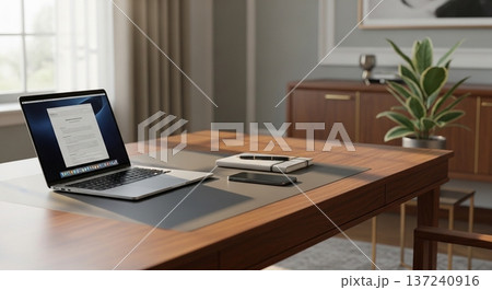 木製デスク上の携帯型計算機と業務資料表示画面の室内風景 137240916