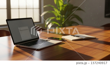 木製デスク上の携帯型計算機と業務資料表示画面の室内風景 137240917