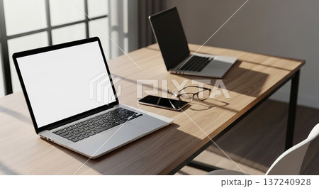 木製デスク上の携帯型計算機と業務資料表示画面の室内風景 木製デスク上の携帯型計算機と業務資料表示画面の室内風景 137240928