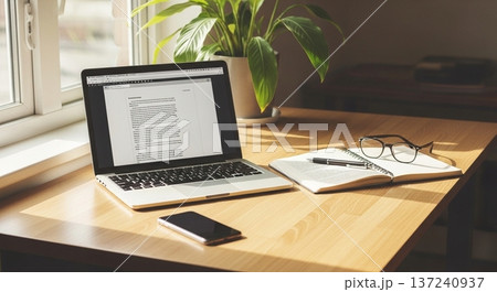 木製デスク上の携帯型計算機と業務資料表示画面の室内風景 木製デスク上の携帯型計算機と業務資料表示画面の室内風景 137240937