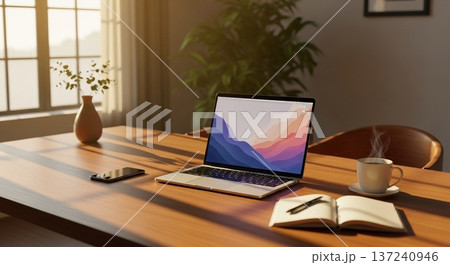 木製デスク上の携帯型計算機と業務資料表示画面の室内風景 木製デスク上の携帯型計算機と業務資料表示画面の室内風景 137240946