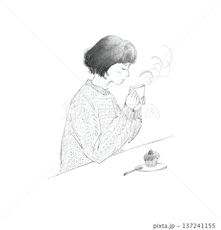 カフェでお茶を飲む女性のモノクロイラスト 137241155