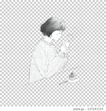 カフェでお茶を飲む女性のモノクロイラスト 137241155
