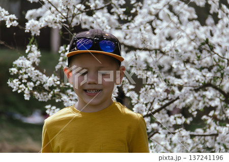 Stylish toddler boy smiling happy preschool age in yellow t-shirt and cap, cute boy enjoying white sakura bush in blooming garden. 137241196