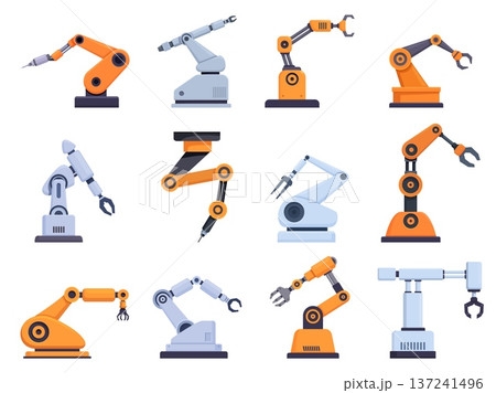 Cartoon robotic arms. Robot manipulators for factory or manufacturer. Modern industrial workers, machinery and technology. Automated hands for conveyor, sapid vector icons Cartoon robotic arms. Robot manipulators for factory or manufacturer. Modern industrial workers, machinery and technology. Automated hands for conveyor, sapid vector icons 137241496