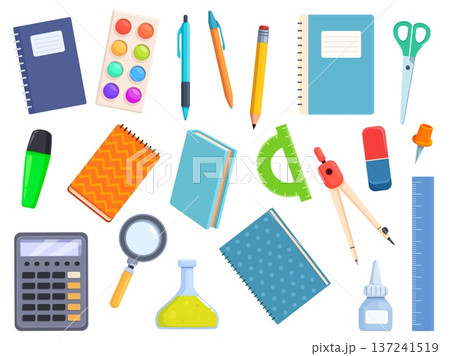 Bright cartoon school elements. Stationery for study and office. Pencil pen, scissors, notebooks and diary, marker and watercolor paints, sapid vector set Bright cartoon school elements. Stationery for study and office. Pencil pen, scissors, notebooks and diary, marker and watercolor paints, sapid vector set 137241519