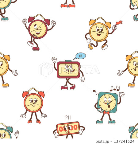 Watches seamless pattern. Groovy clocks and alarms characters. various emotions and poses. Retro style timers. Print for textile and wallpaper, vector background 137241524