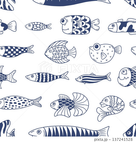 Doodle abstract fish seamless pattern. Different sardines mackerel tuna salomon. Cartoon giant eyes fish. Seafood print for fabric, wallpaper, vector background 137241528