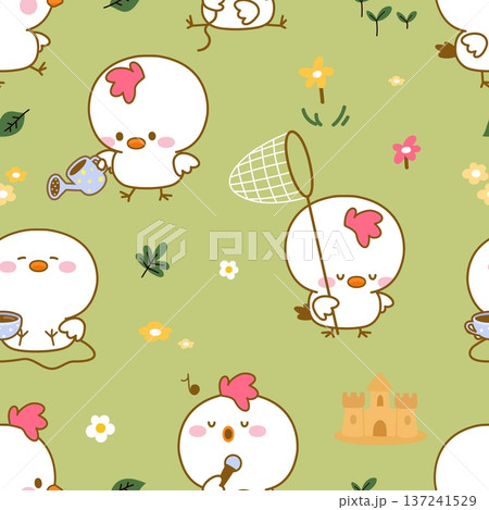 Cute chicken seamless pattern. White funny chicks on green meadow with flowers. Birds gardening, singing, walking. Print for fabric, textile, wallpaper, vector background 137241529